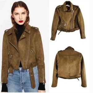 Olive green suede Zara Moto biker jacket